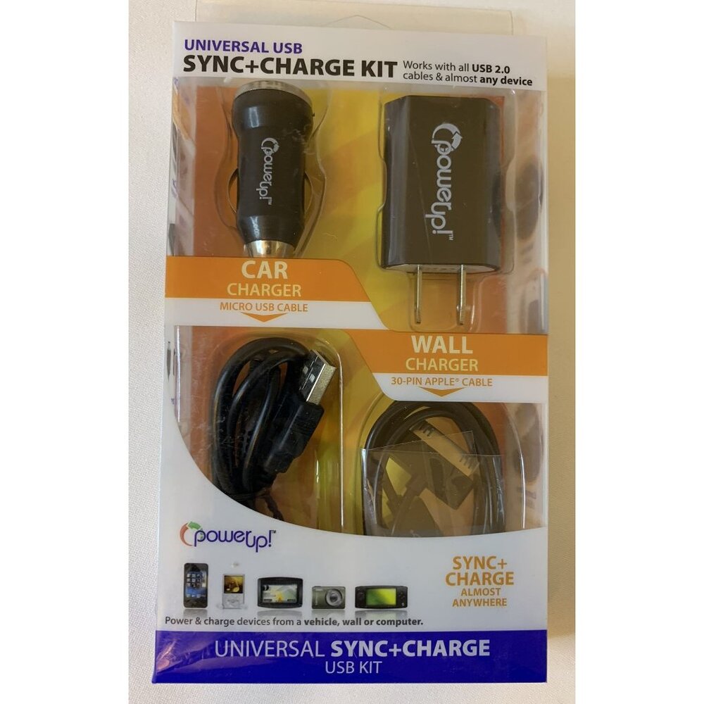 PowerUp Universal USB Sync+Charge Kit Car and Wall Chargers Micro USB 30-Pin NEW
